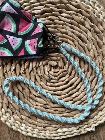 Macra-Made With Love face mask lanyard green attached 