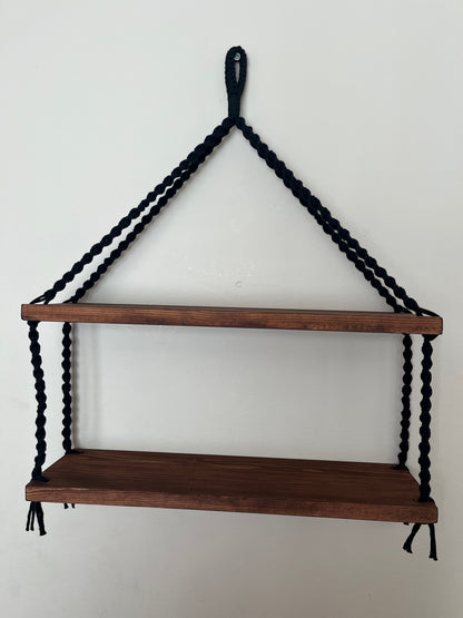 Macramé Double Hanging Shelf with Rosewood Pine Wood