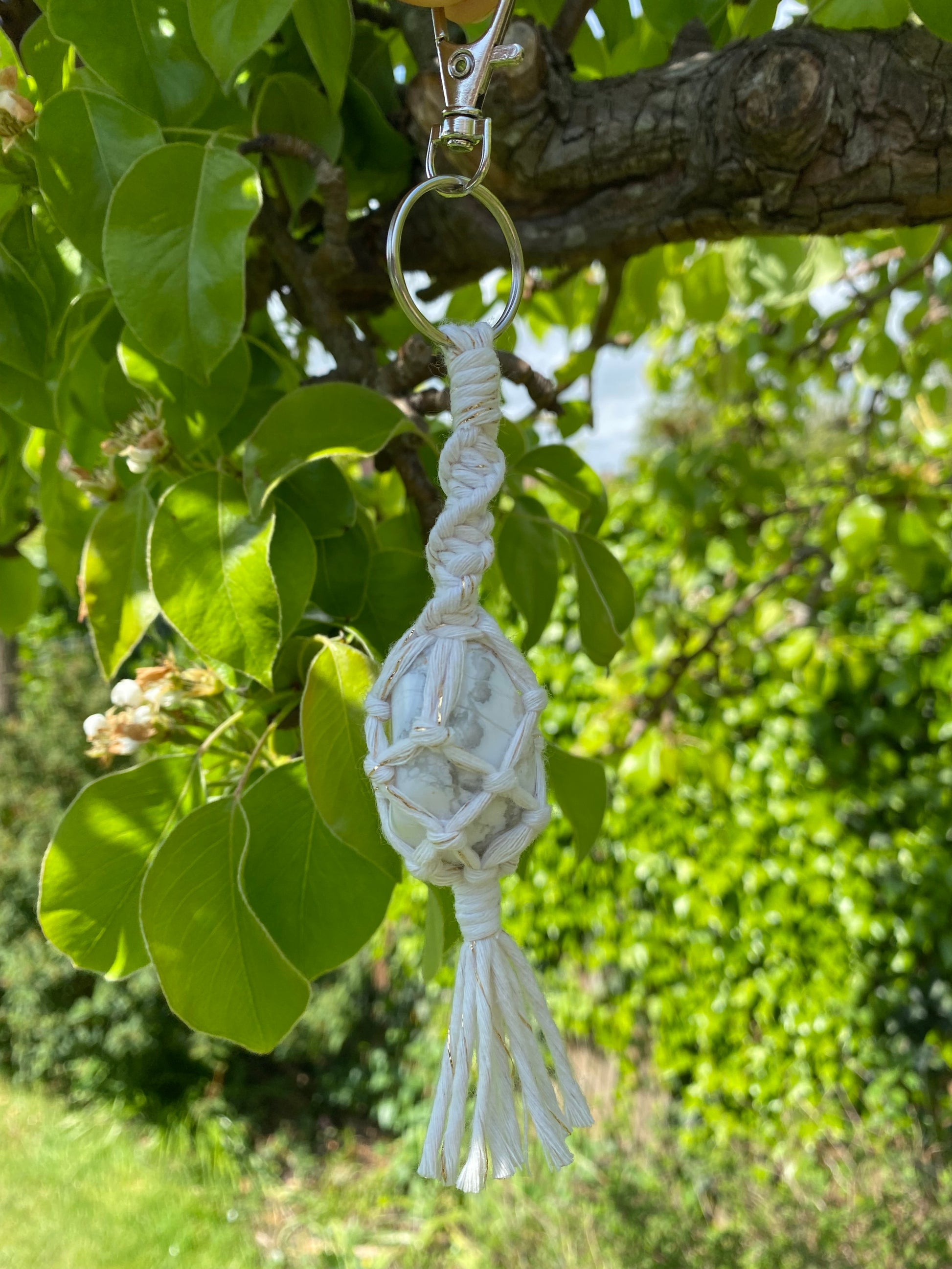 Macra-Made With Love gemstone keyring white howlite hanging outside 