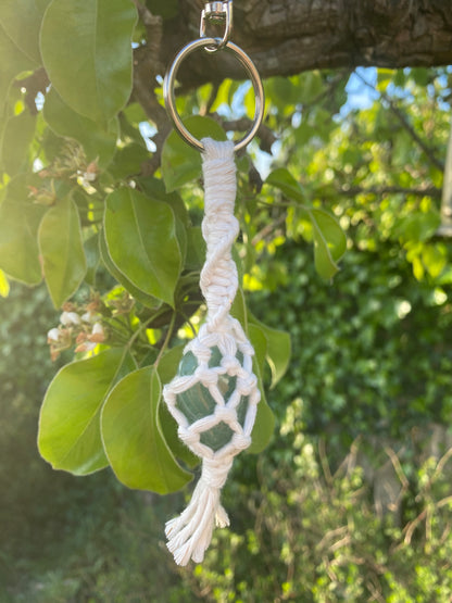 Macra-Made With Love gemstone keyring green quartz hanging outside 