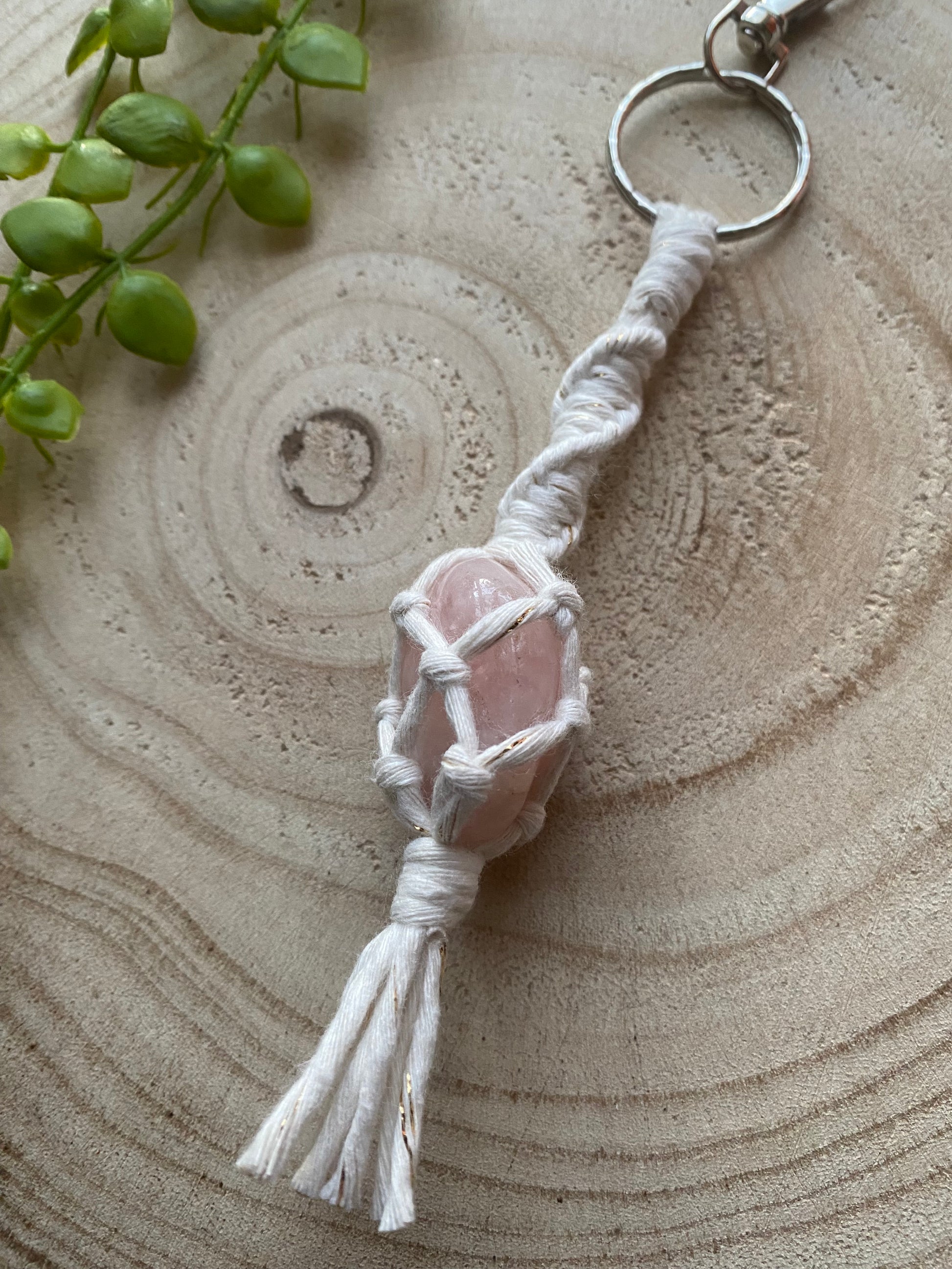 Macra-Made With Love gemstone keyring rose quartz close