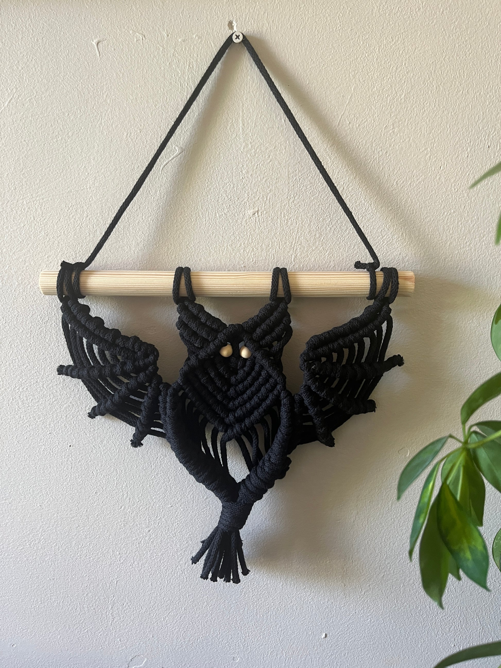 Black macrame bat shaped wall hanging with wooden bead eyes on a wooden dowel, hanging against a beige painted wall, with. green houseplant just visible to the right.