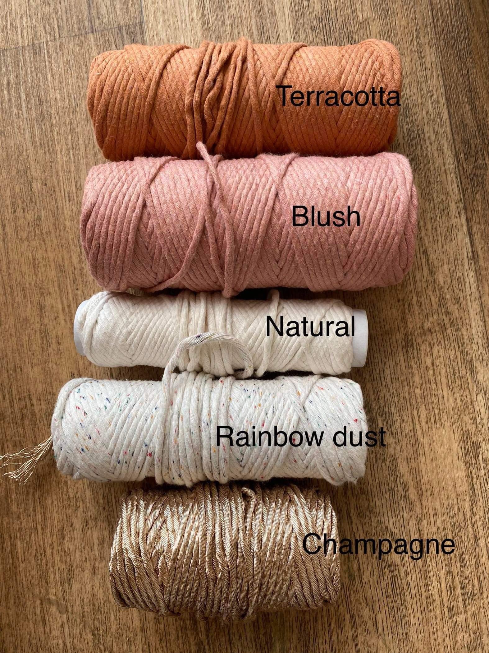 5 skeins of cotton yarn on a wooden floor, with black text on the image with the names of each colour being Terracotta, Blush, Natural, Rainbow dust and Champagne. 