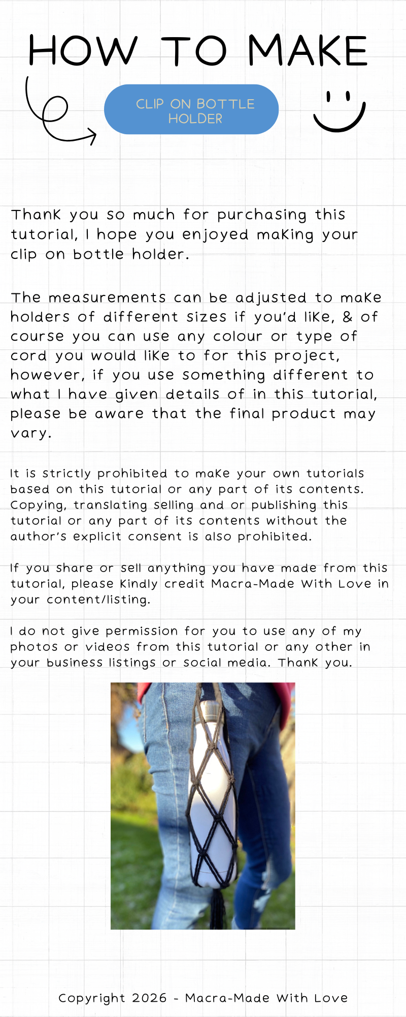 Instructions for making a clip-on bottle holder with text and photos.