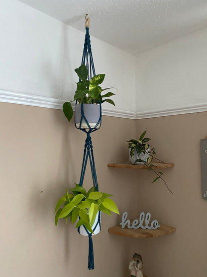 Two green plants in ceramic pots, suspended vertically in a large double macramé plant hanger, made with petrol blue yarn and a wooden hanging ring, in the corner of a room with beige walls. There is a set of corner shelves in the background.