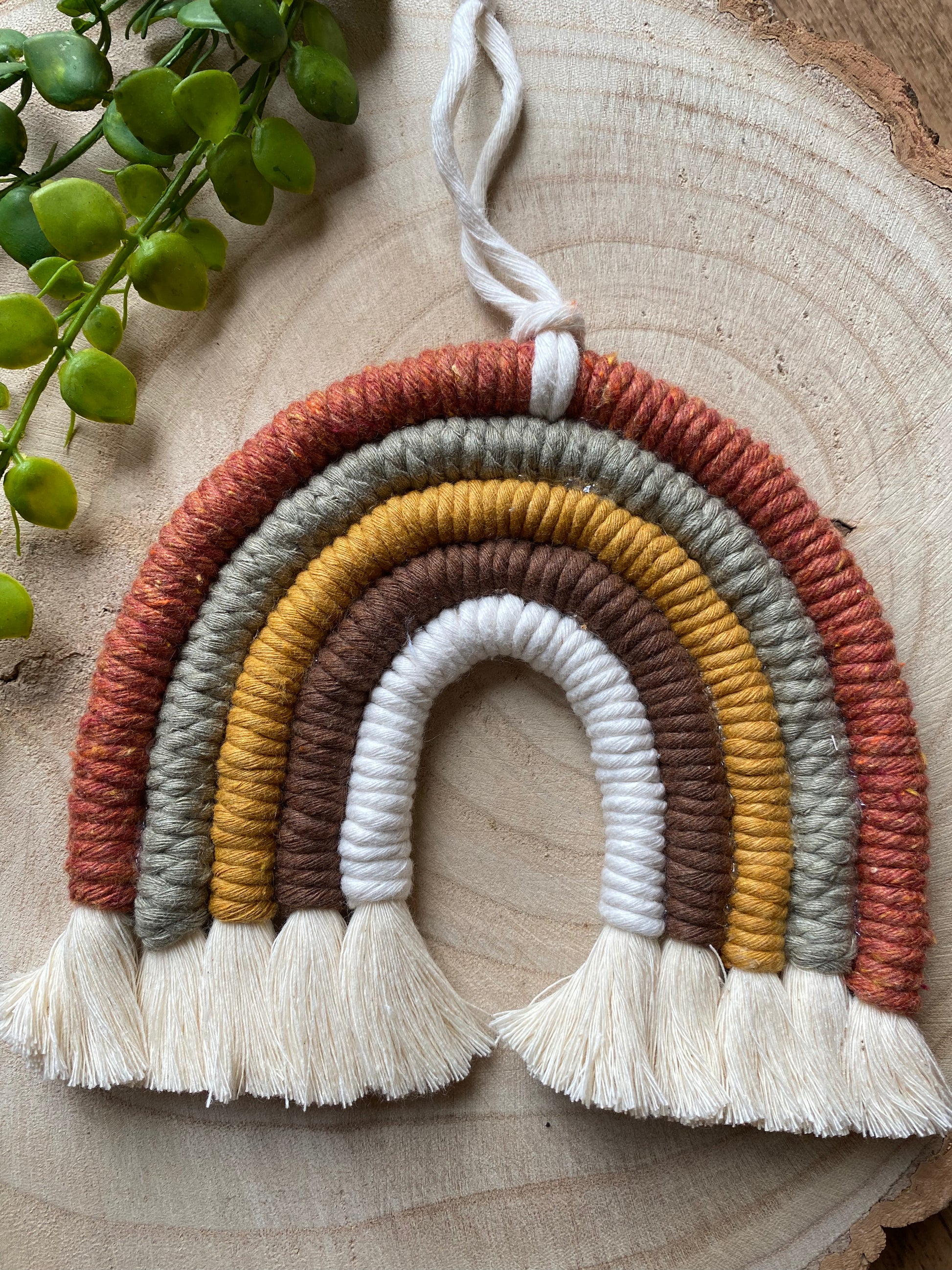 A handmade macrame rainbow, in earthy brown, mustard, green tones, with natural fringed ends, placed on a wooden board some green plant vines. 