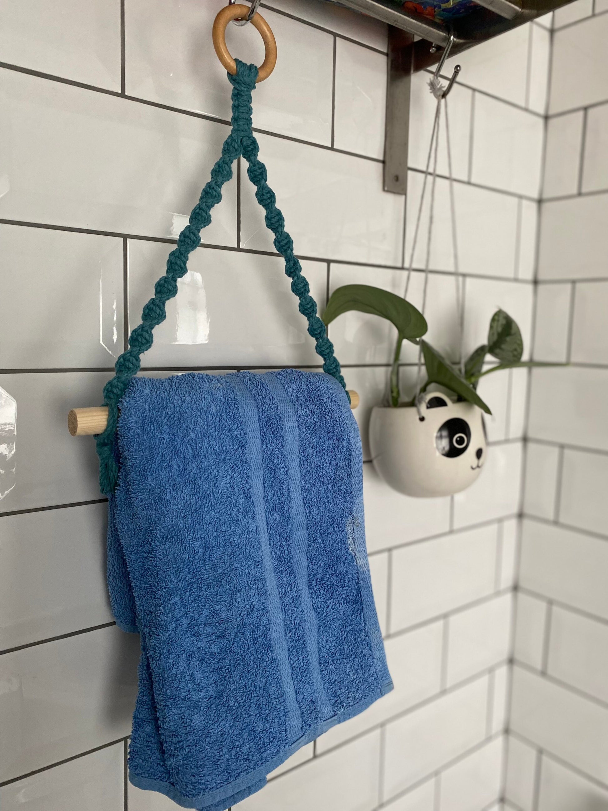 Bathroom decor hand towel holder teal ring side