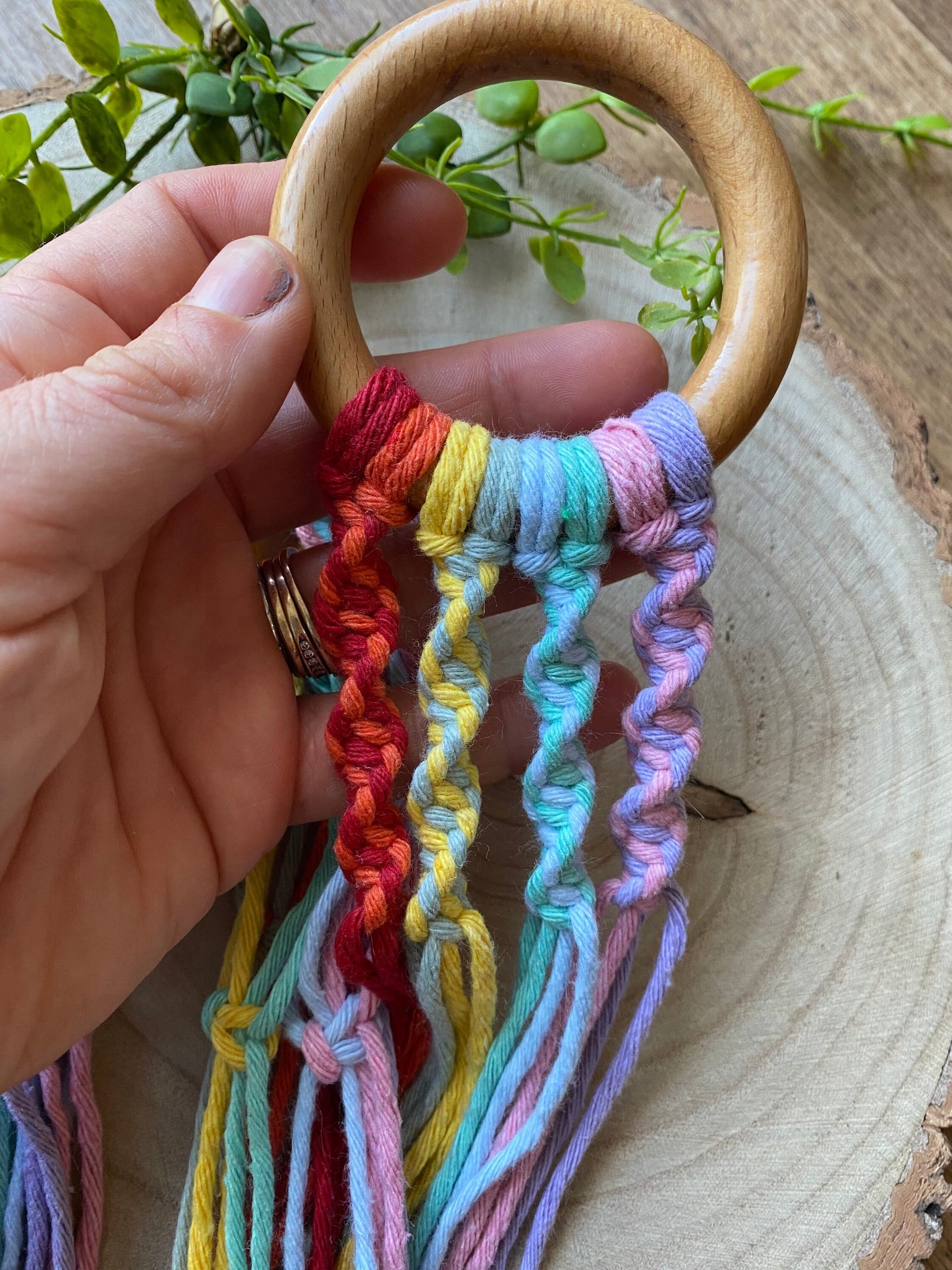 Macra-Made With Love double macrame plant hanger rainbow wooden ring detail