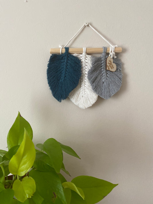 Macra-Made With Love macrame feathers wall hanging blue natural grey front