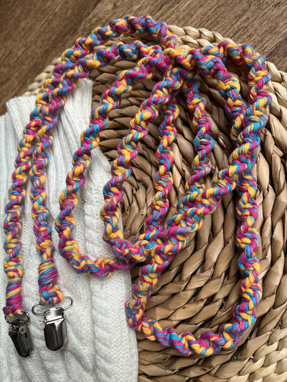 Full-length view of 190cm multicoloured eco-friendly long mitten clips laid flat - showing entire handmade sustainable winter accessory