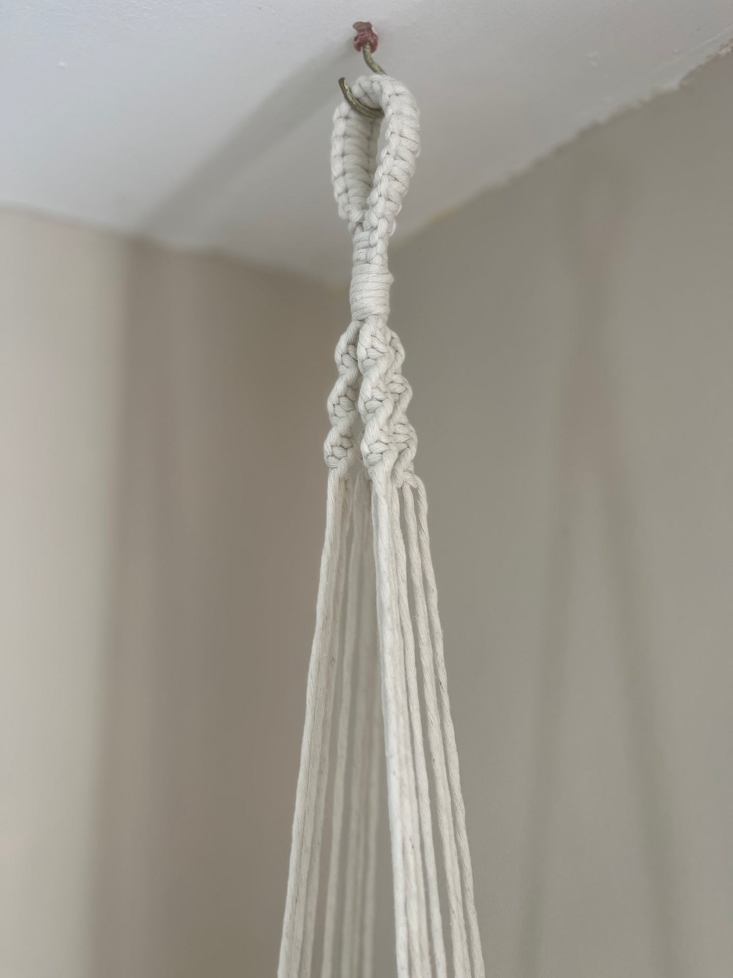 Natural macrame plant hanger hanging from a ceiling hook