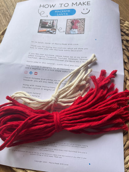 Red and white macrame yarn on a printed DIY craft kit instruction sheet with text and images.