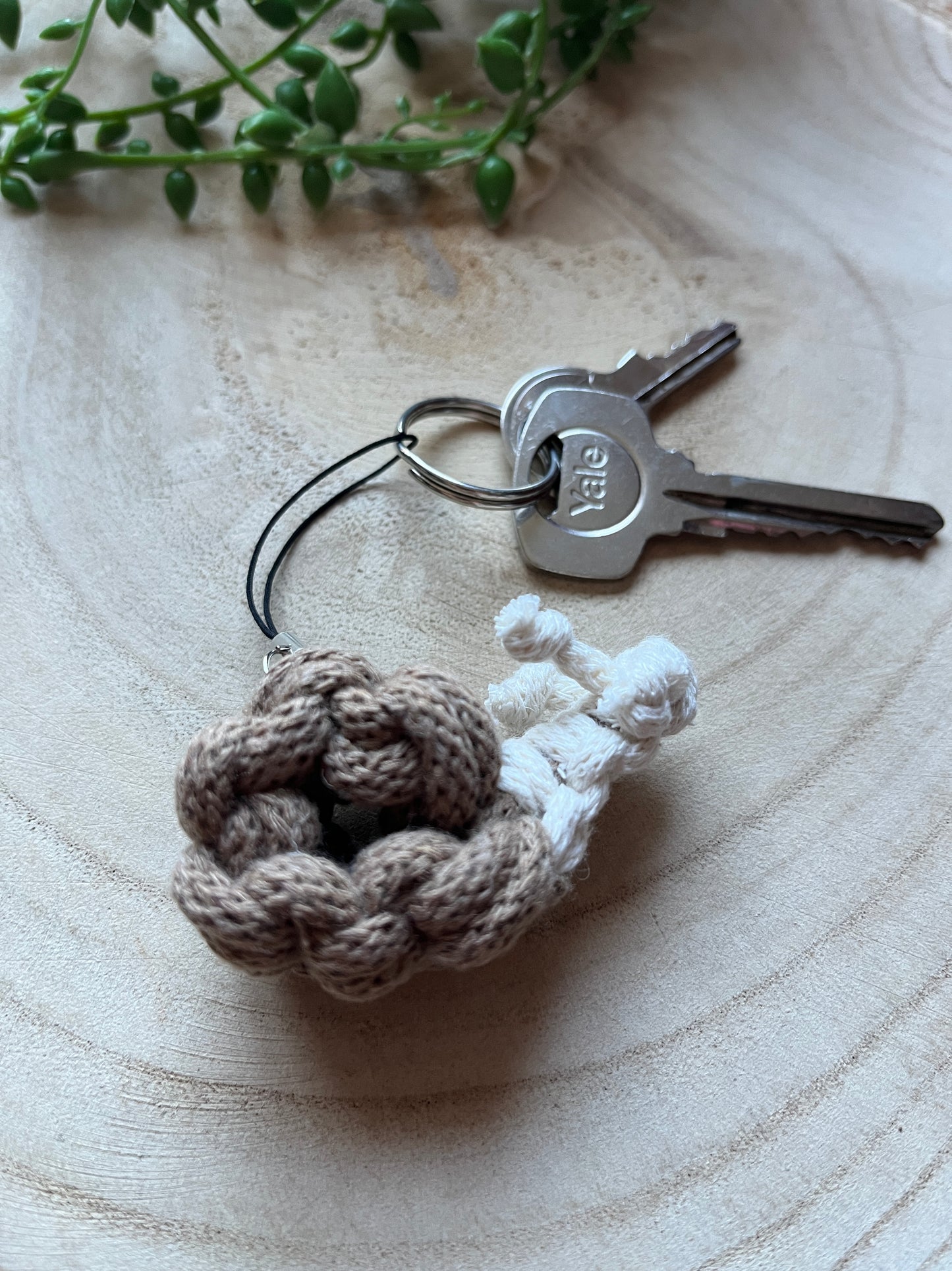 Macrame snail keychain attached to keys on a wooden surface with a plant in the corner