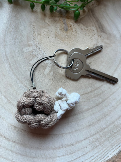 Snail keychain with keys attached on a wooden surface