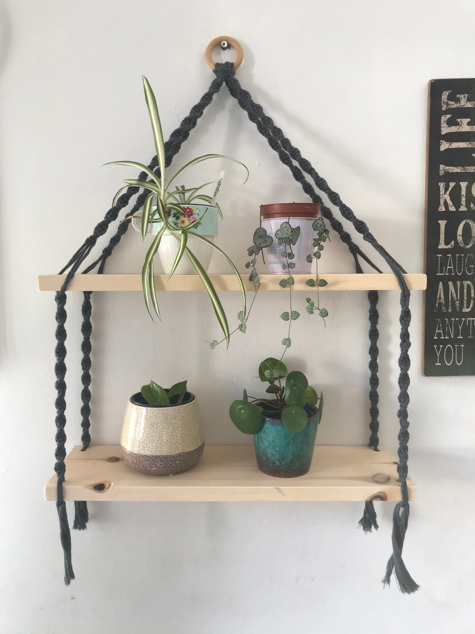 A set of macrame shelves, made with two solid wood shelf pieces, suspended by dark grey coloured knotted yarn, on a wooden hanging ring, hanging against a white painted wall. There are four small houseplants on the shelves. 