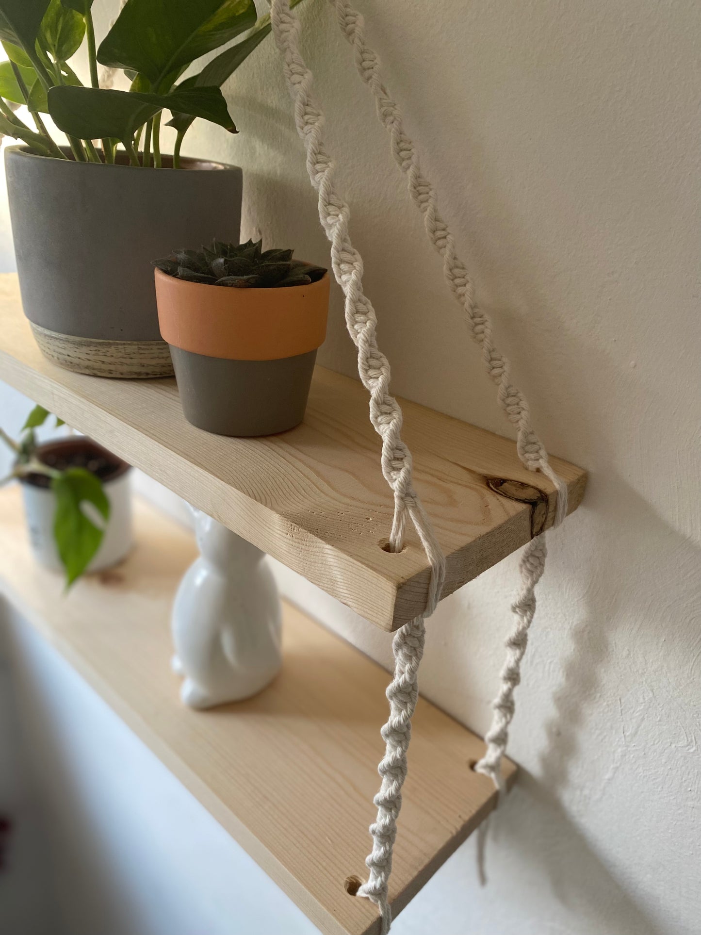 Close up of a set of macrame shelves, made with two solid wood shelf pieces, suspended by natural coloured knotted yarn, hanging against a white painted wall. There are various plants and ornaments on the shelves. 