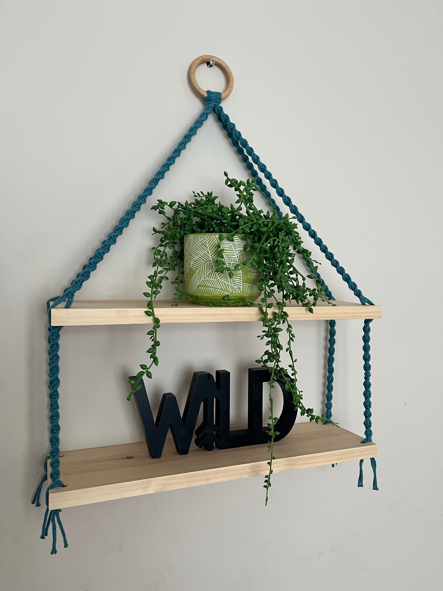 A set of macrame shelves, made with two solid wood shelf pieces, suspended by teal blue coloured knotted yarn, on a wooden hanging ring, hanging against a beige painted wall. There is a long green trailing plant on the top shelf, and a wooden sign in black which says "WILD" on the bottom shelf.
