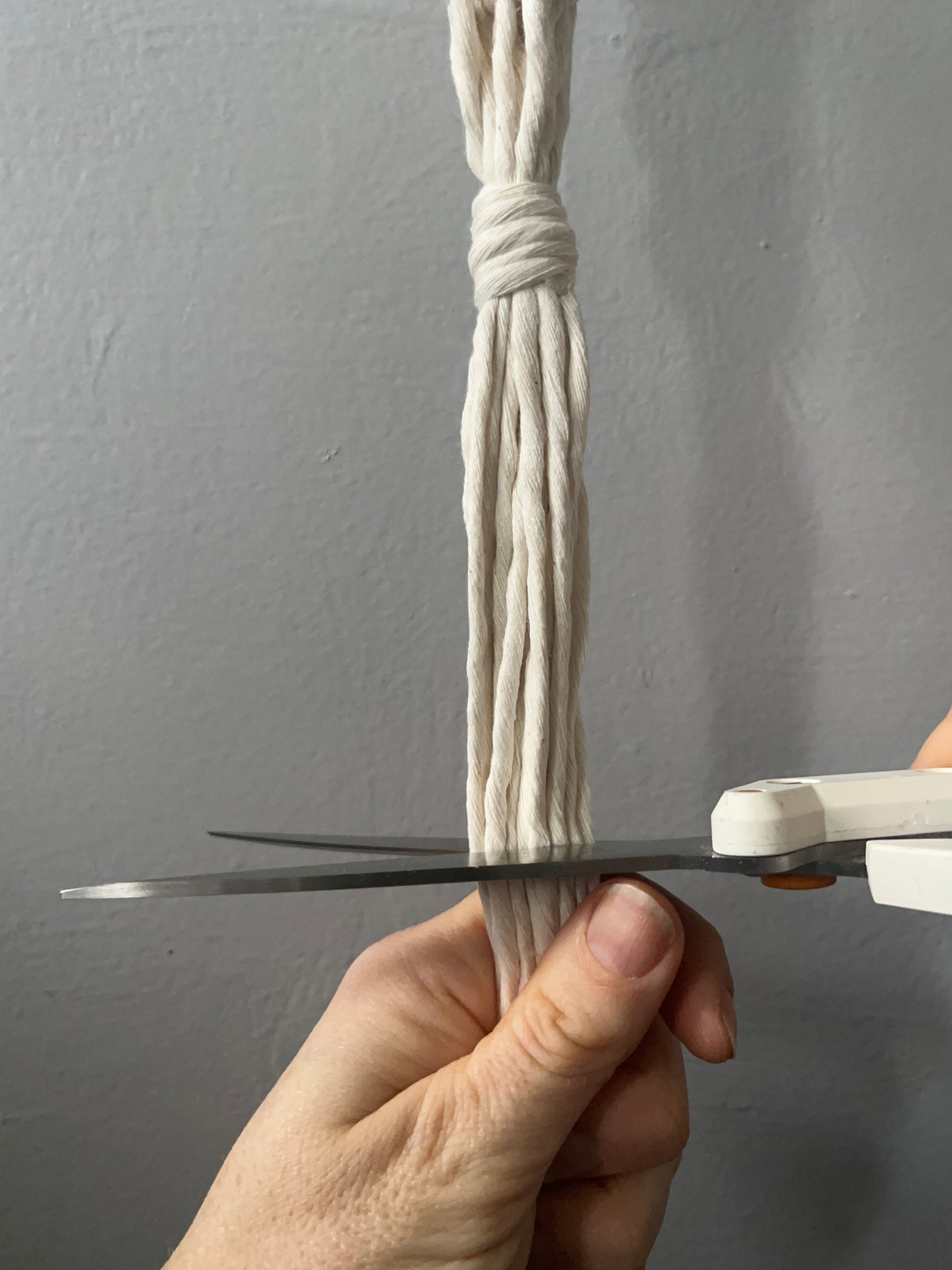 Hand holding scissors cutting a bundle of white yarn against a grey background
