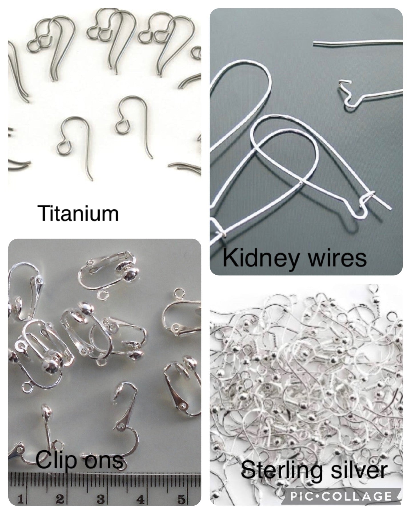 A collage of images of different earrings hooks, labelled titanium, kidney wires, clip ons and sterling silver. 