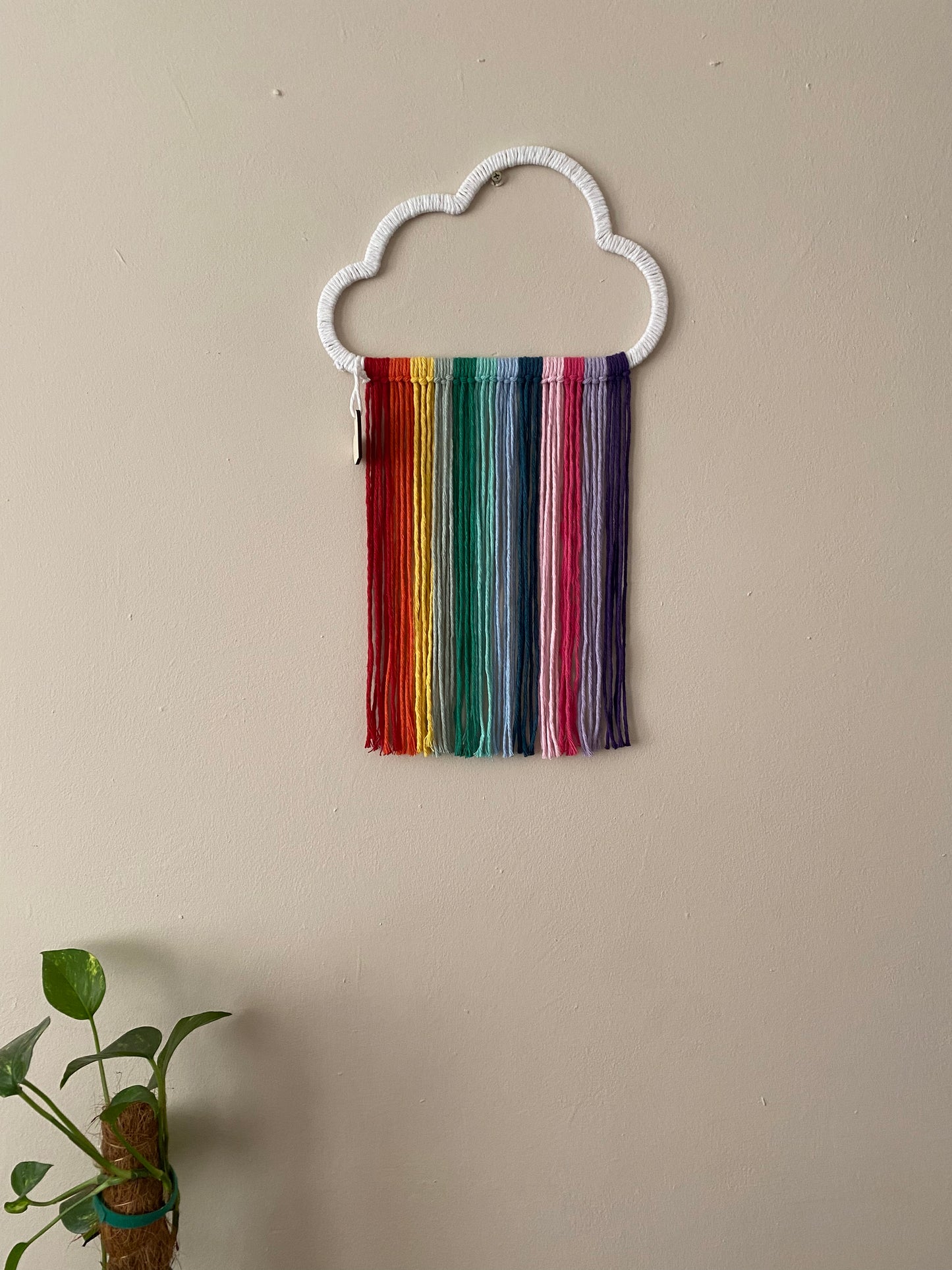 A cloud shaped wall hanging decoration, made with rainbow hanging tassels, displayed against a beige wall.