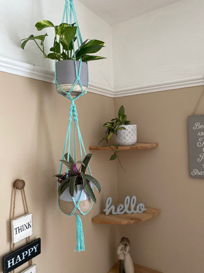 Two trailing plants in ceramic pots, suspended vertically in a large double macramé plant hanger, made with mint coloured yarn, in the corner of a room with beige walls. There is a set of corner shelves with ornaments and plants on in the background. 