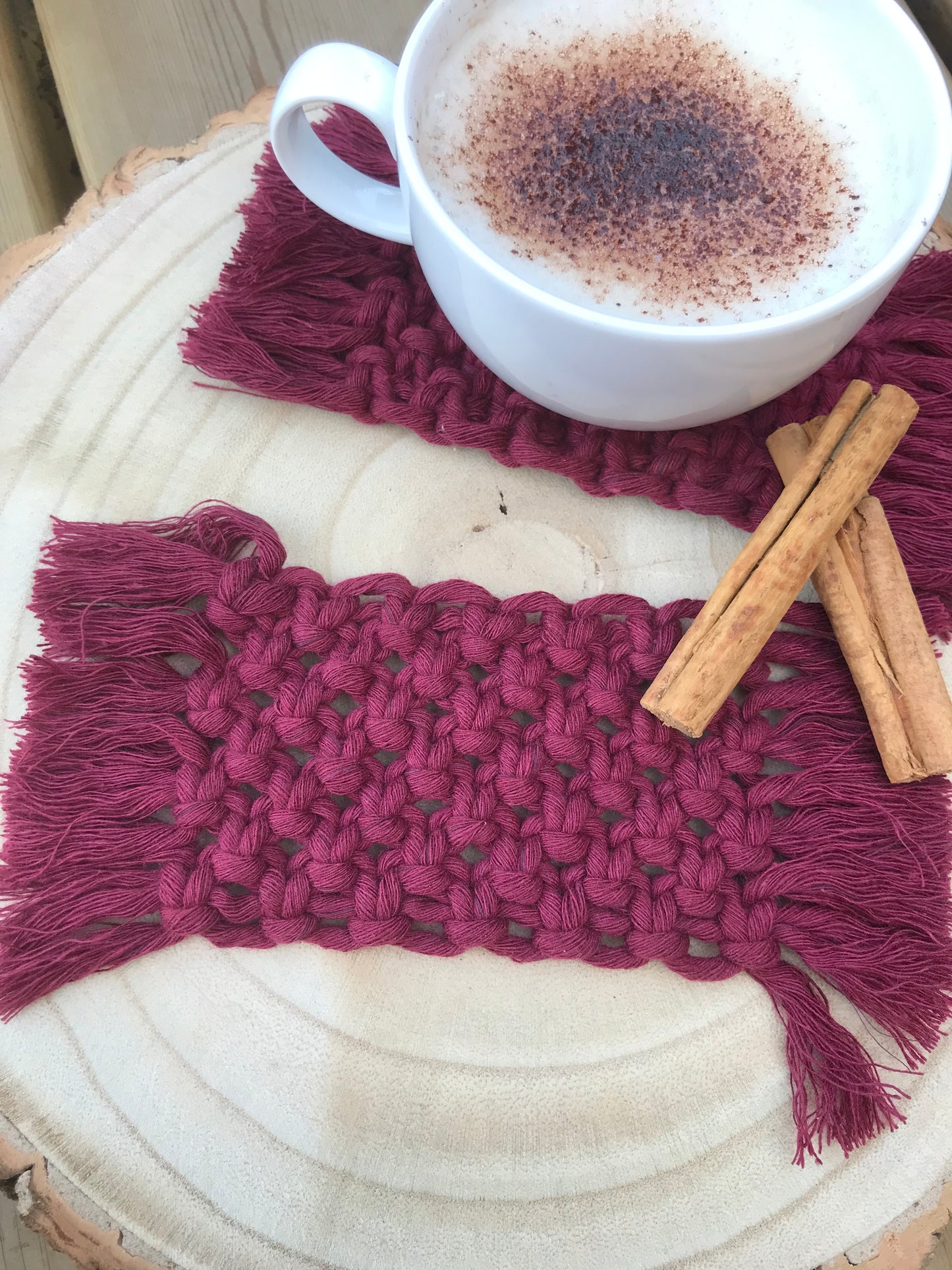 Macra-Made With Love set of coasters deep red with coffee and cinnamon