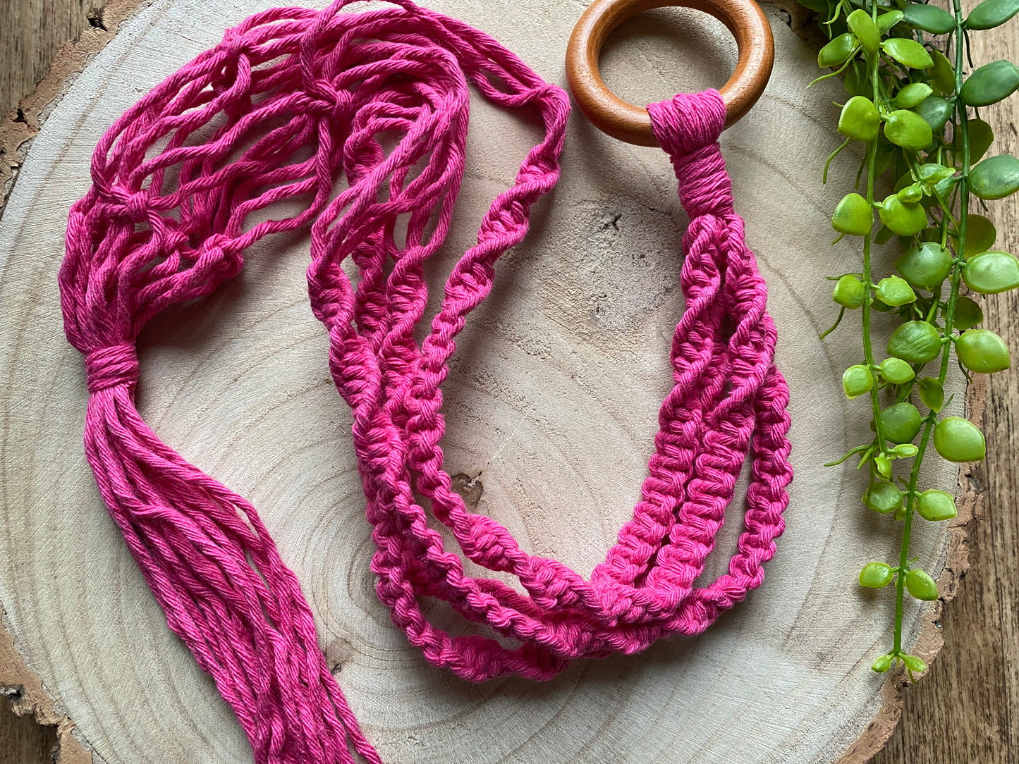 Macra-Made With Love short colourful macrame plant hanger pink flat