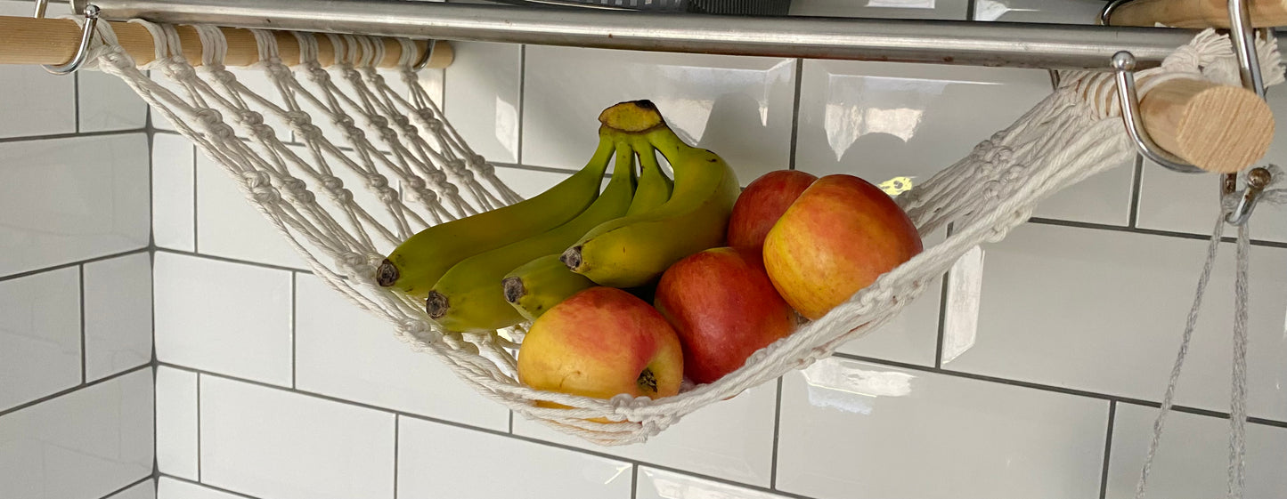 Under cabinet kitchen space saving hanging fruit basket hammock