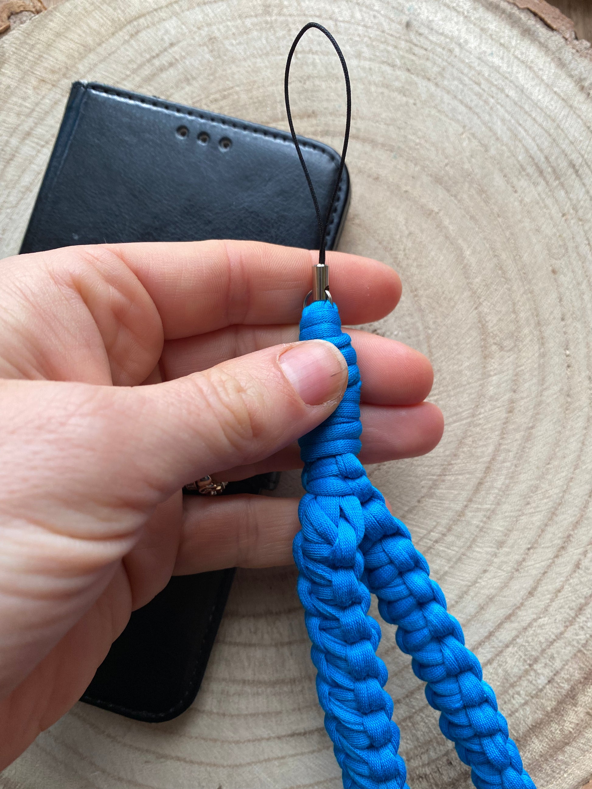 Macra-Made With Love phone charm blue t shirt yarn close in hand 