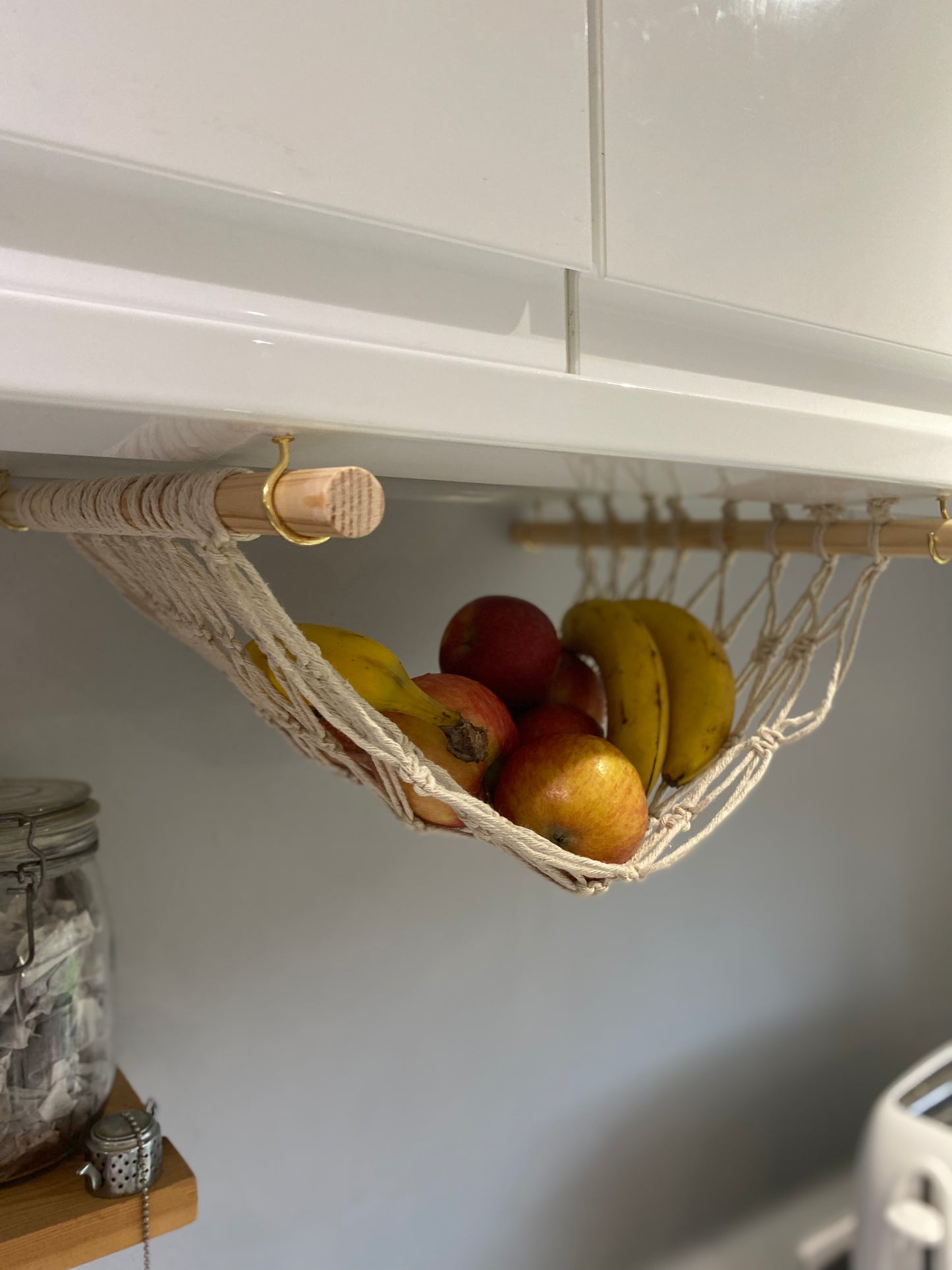 Under cabinet kitchen space saving hanging fruit basket hammock