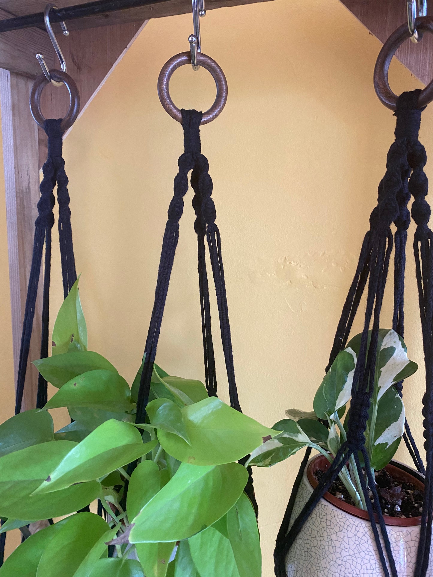 Macra-Made With Love Set of 3 macrame plant hangers black close