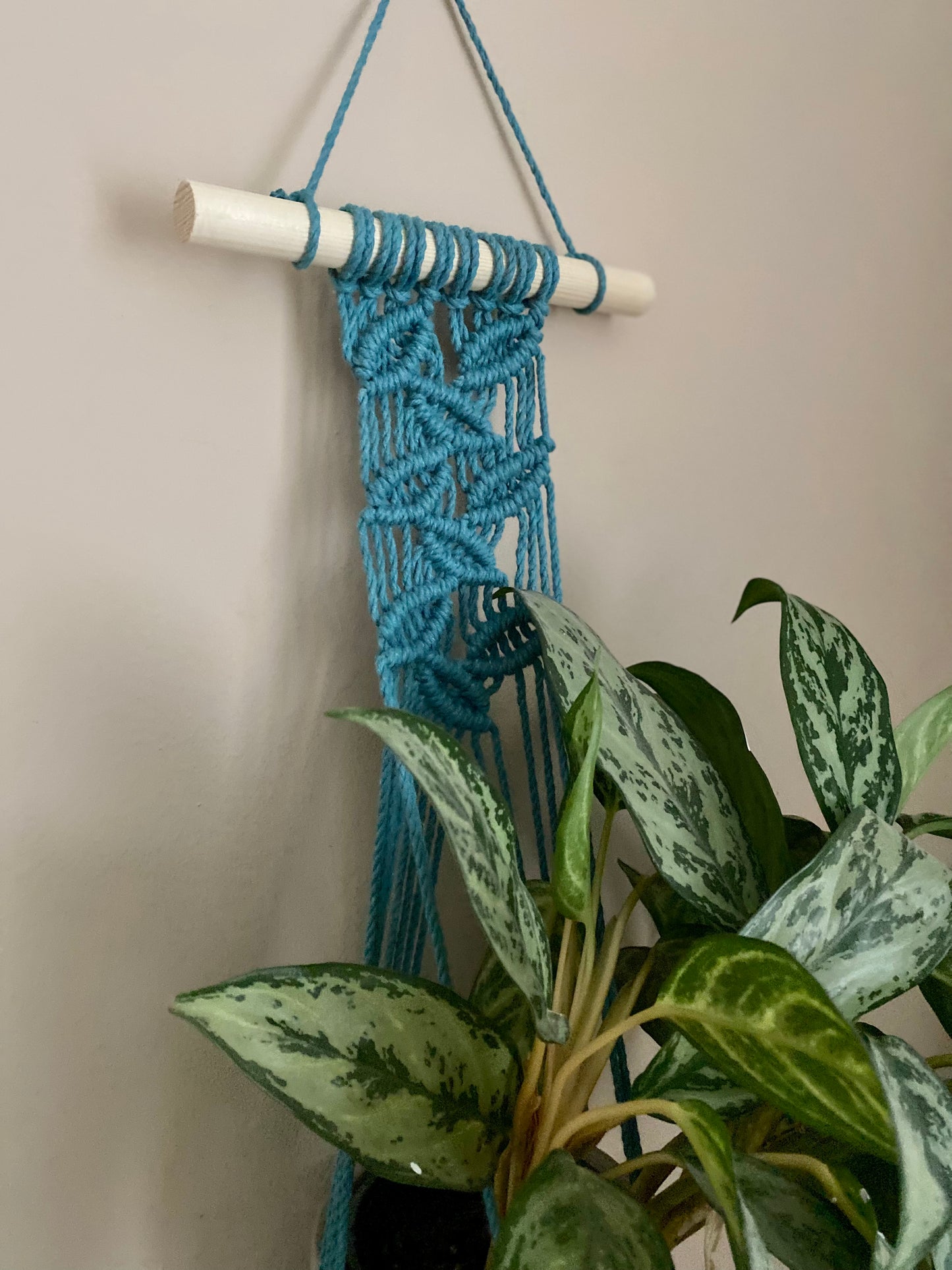 Macra-Made With Love Teal wall hanging macrame plant hanger left top