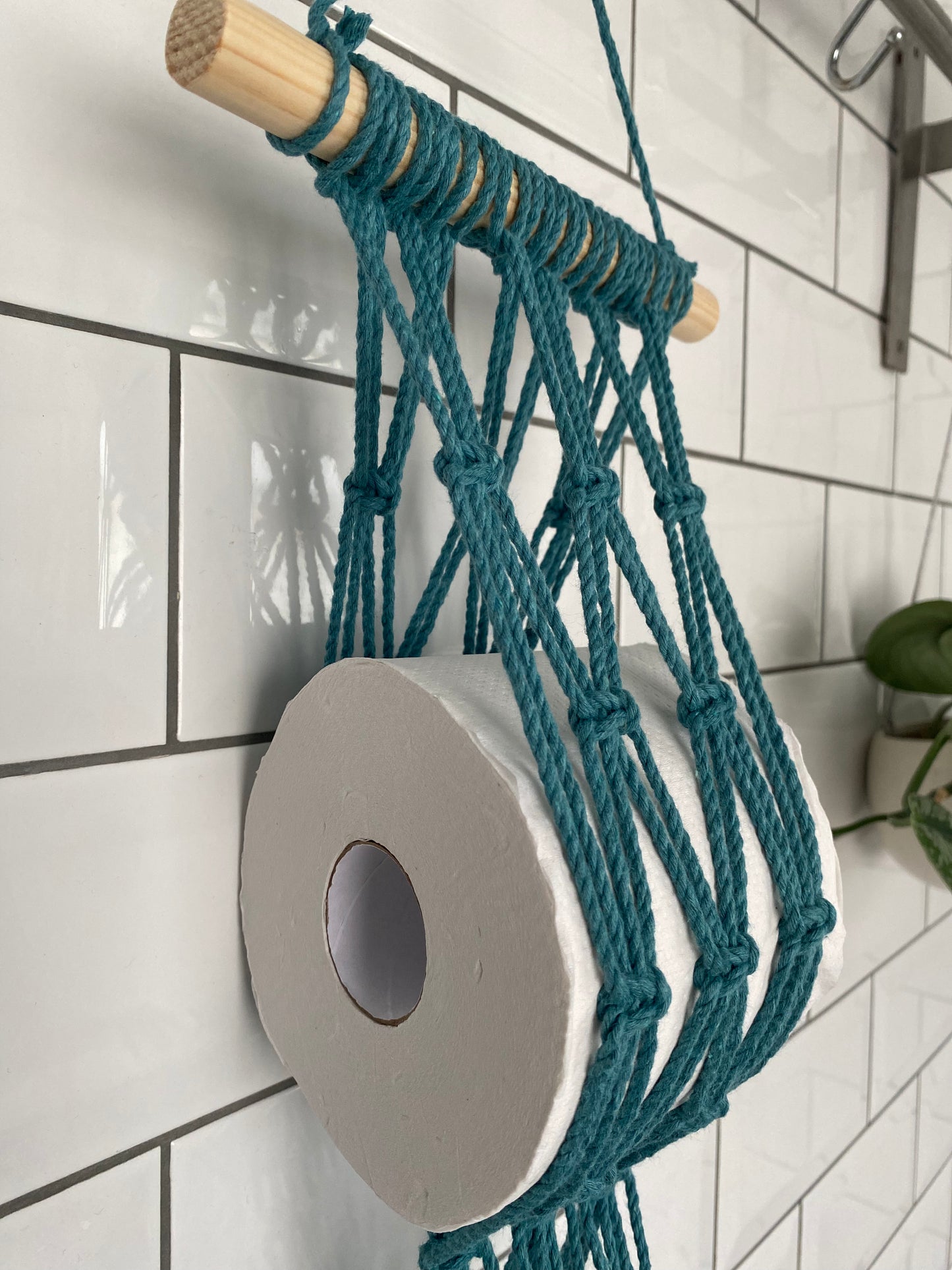 Bathroom decor toilet roll holder teal top detail