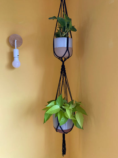 Macra-Made With Love double macrame plant hanger black zoomed