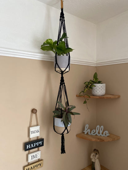 Macra-Made With Love double macrame plant hanger black corner