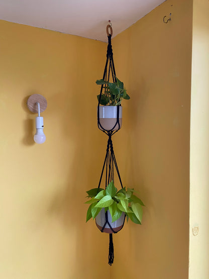 Macra-Made With Love double macrame plant hanger black in yellow corner