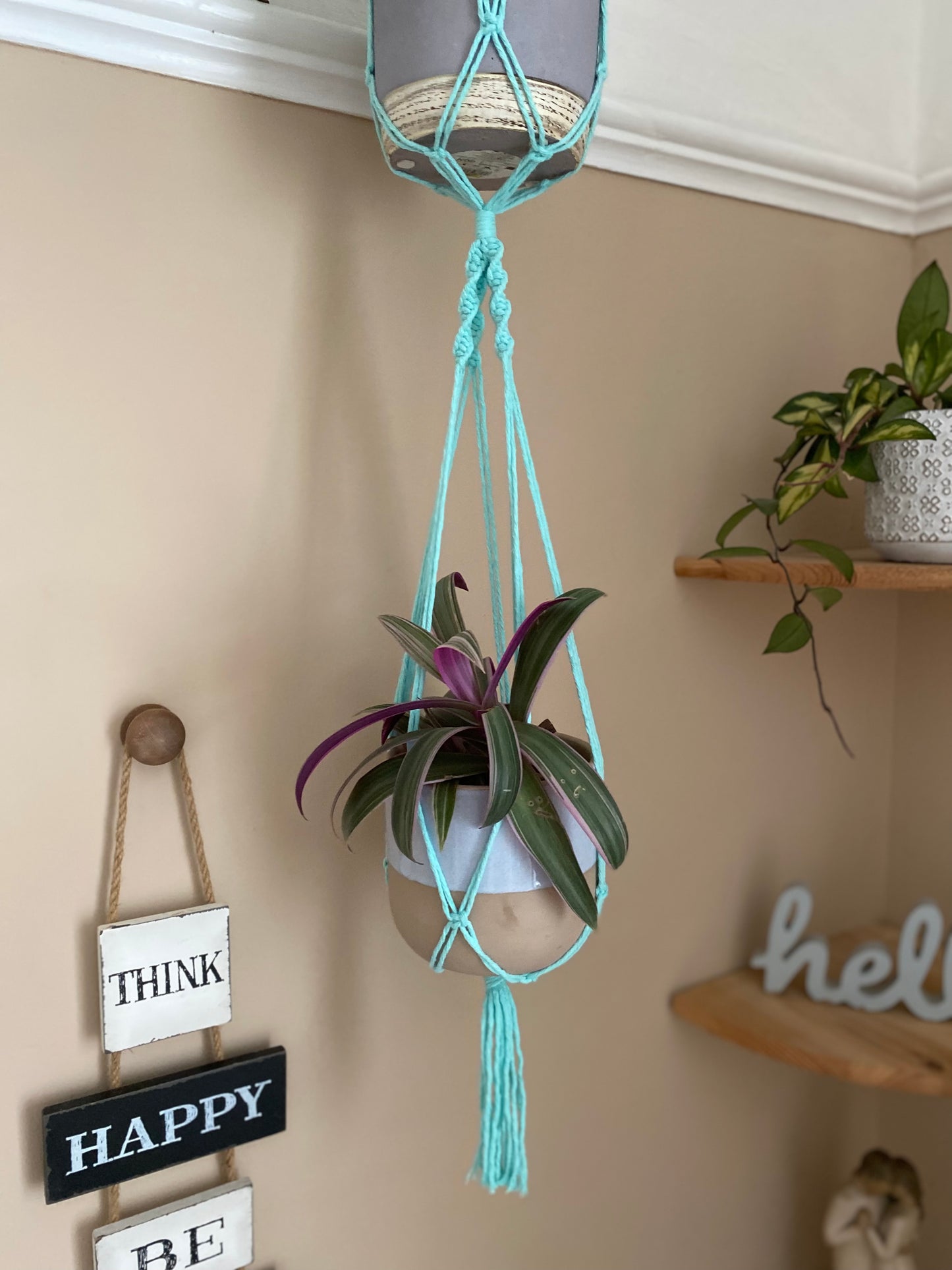 Macra-Made With Love double macrame plant hanger mint bottom zoom