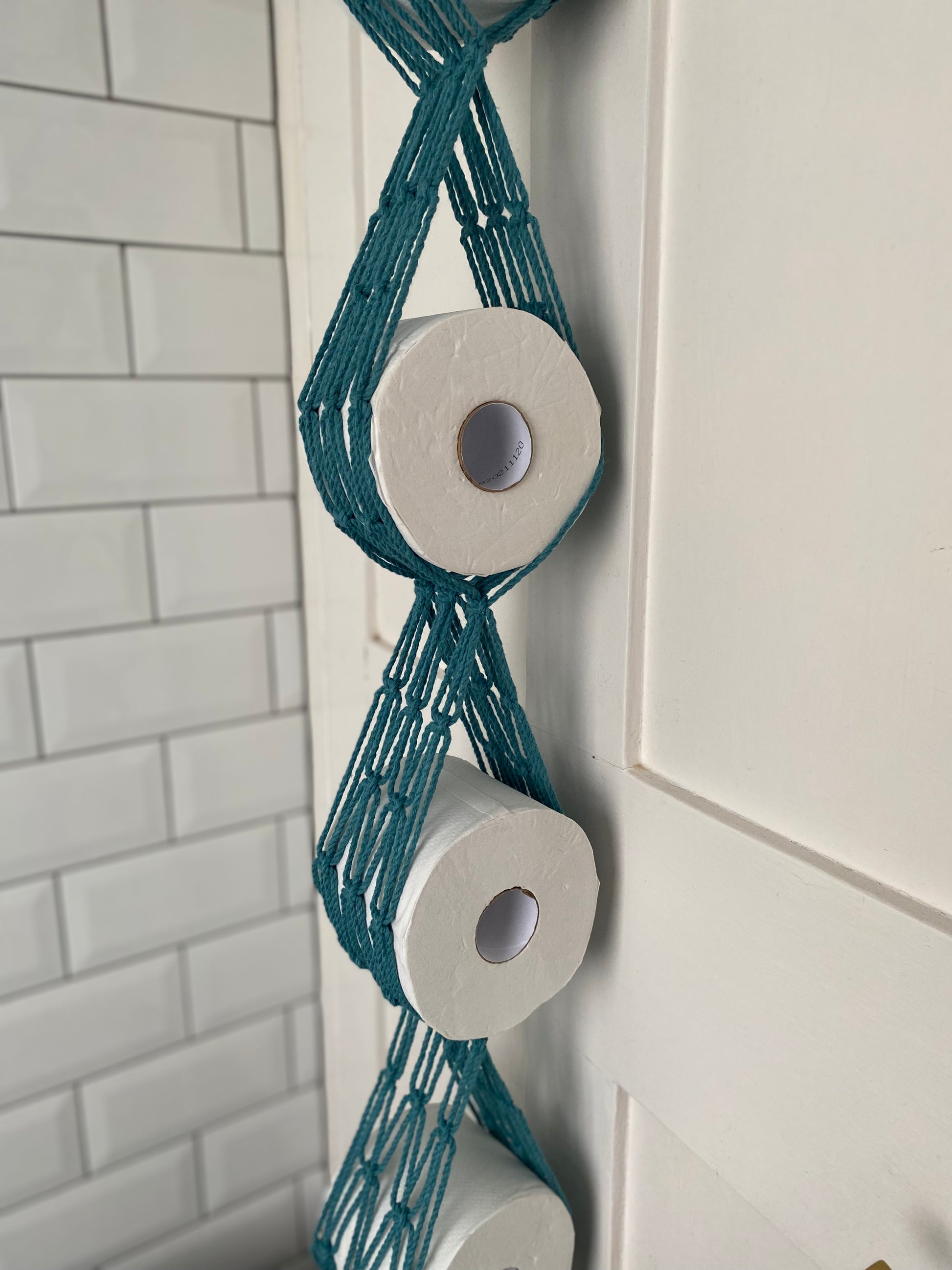 Bathroom decor toilet roll holder teal side zoom