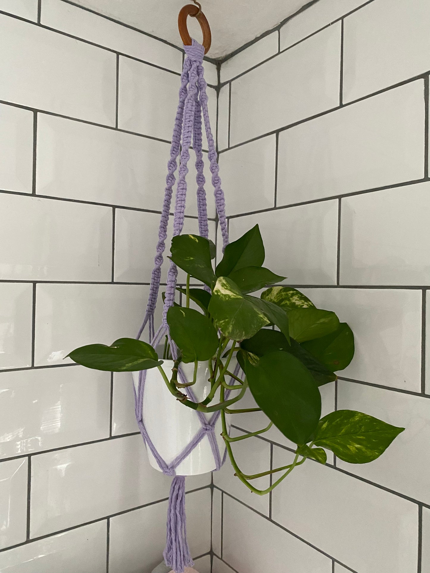 Macra-Made With Love short colourful macrame plant hanger lilac corner