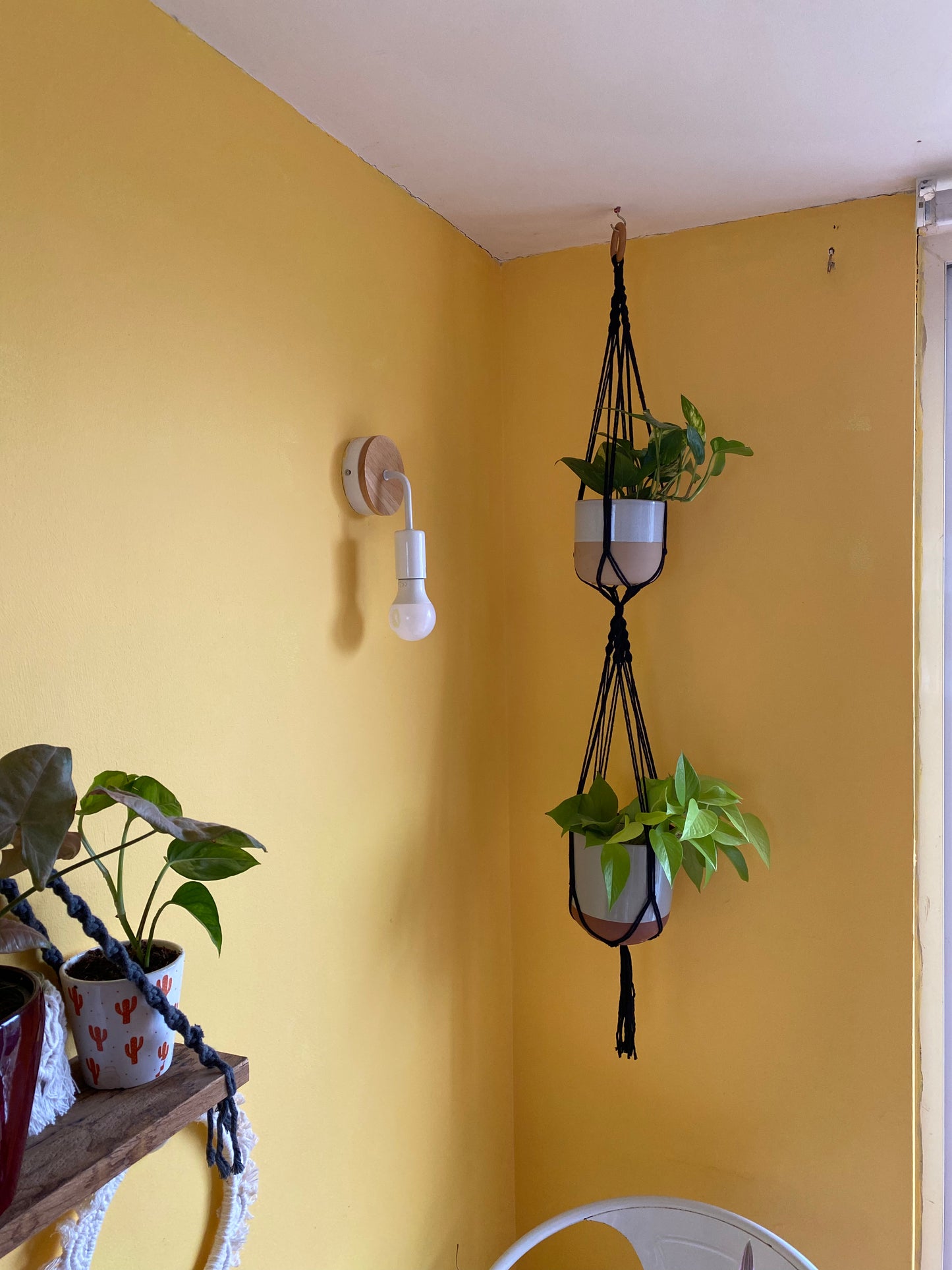 Macra-Made With Love double macrame plant hanger black against yellow wall