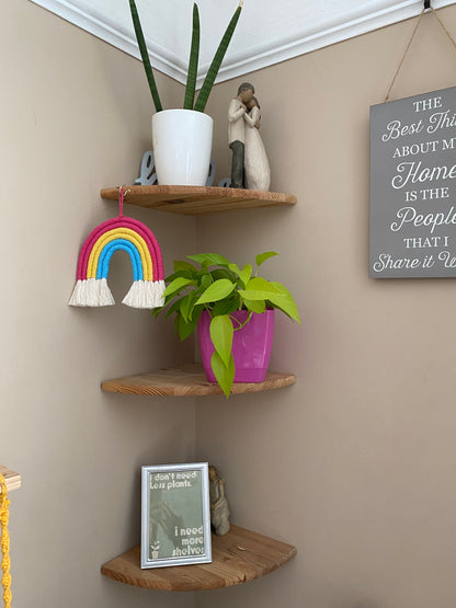 A macrame rainbow made with 6 arches of pink, yellow and blue yarn to represent the colours of the pansexual pride flag, with combed out tassels at the bottom, hanging from a set of wooden corner shelves which have various houseplants on ornaments on them. 