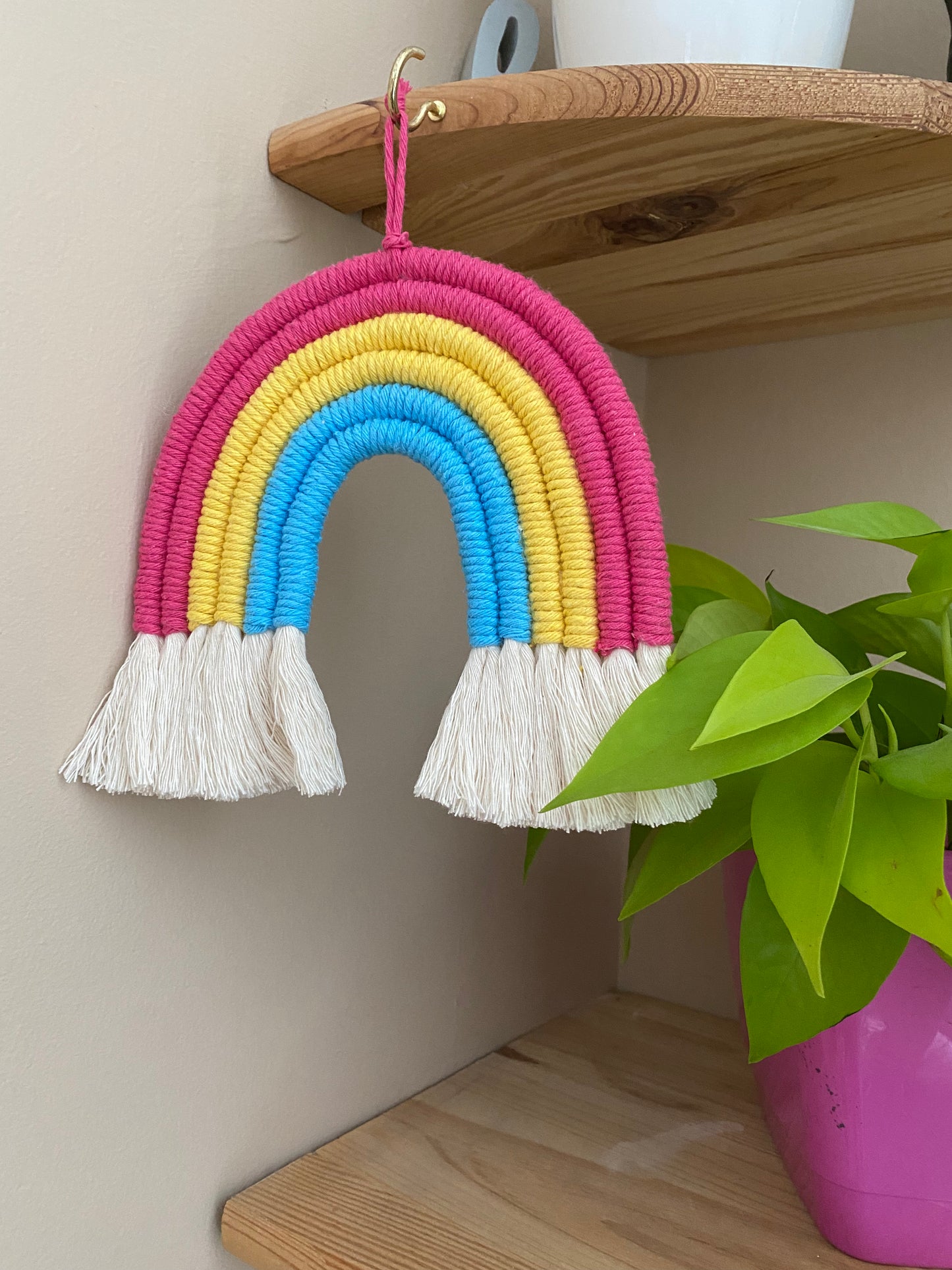 A macrame rainbow made with 6 arches of pink, yellow and blue yarn to represent the colours of the pansexual pride flag, with combed out tassels at the bottom, hanging on a wooden corner shelf next to a bright green houseplant. 