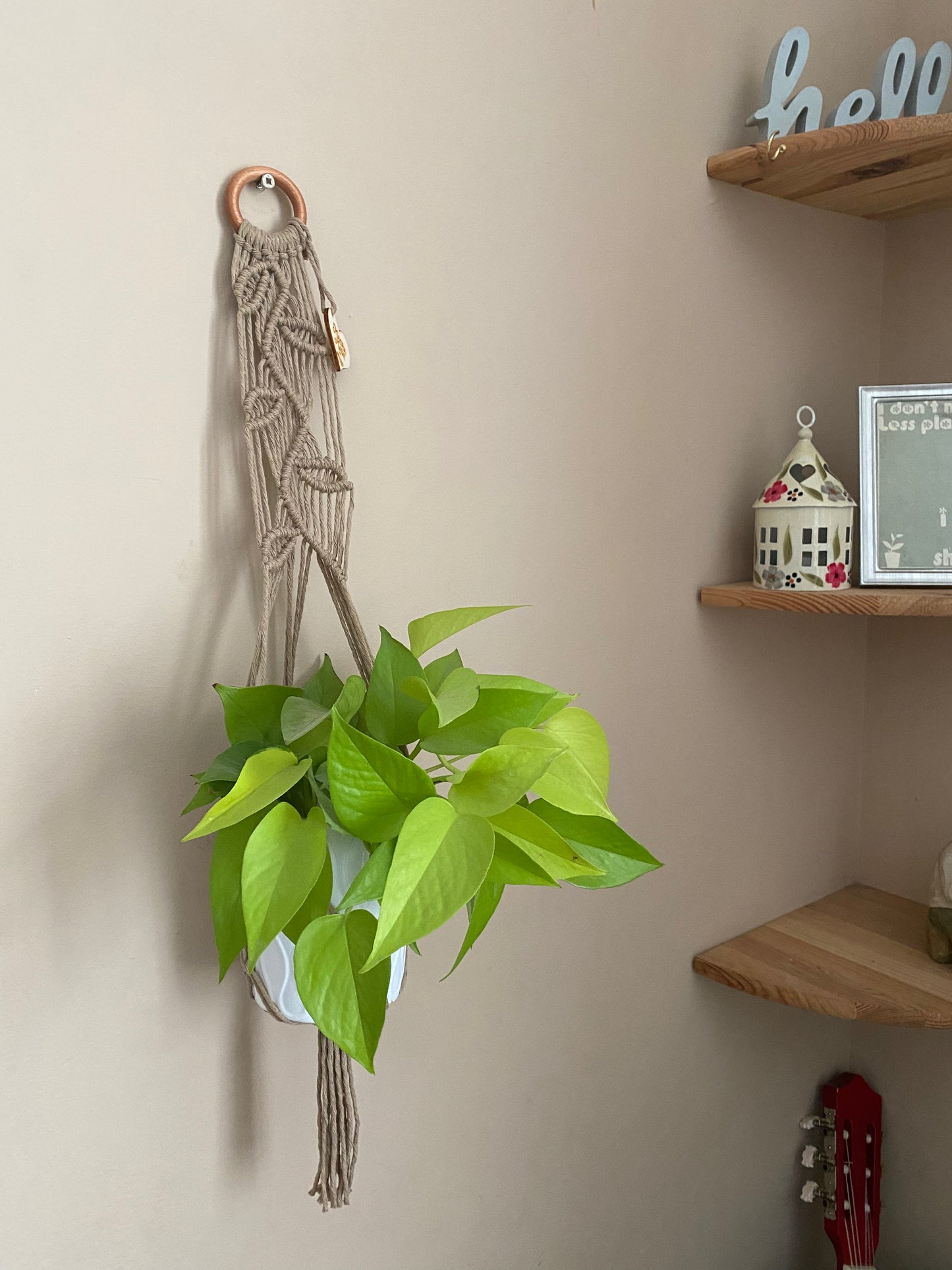 A bright green leafy plant, hanging against a beige wall in a neutral coloured macrame plant hanger with falling leaf knotted pattern and a wooden ring. There is a set of corner shelves to the right and the top of a guitar can just be seen below. 