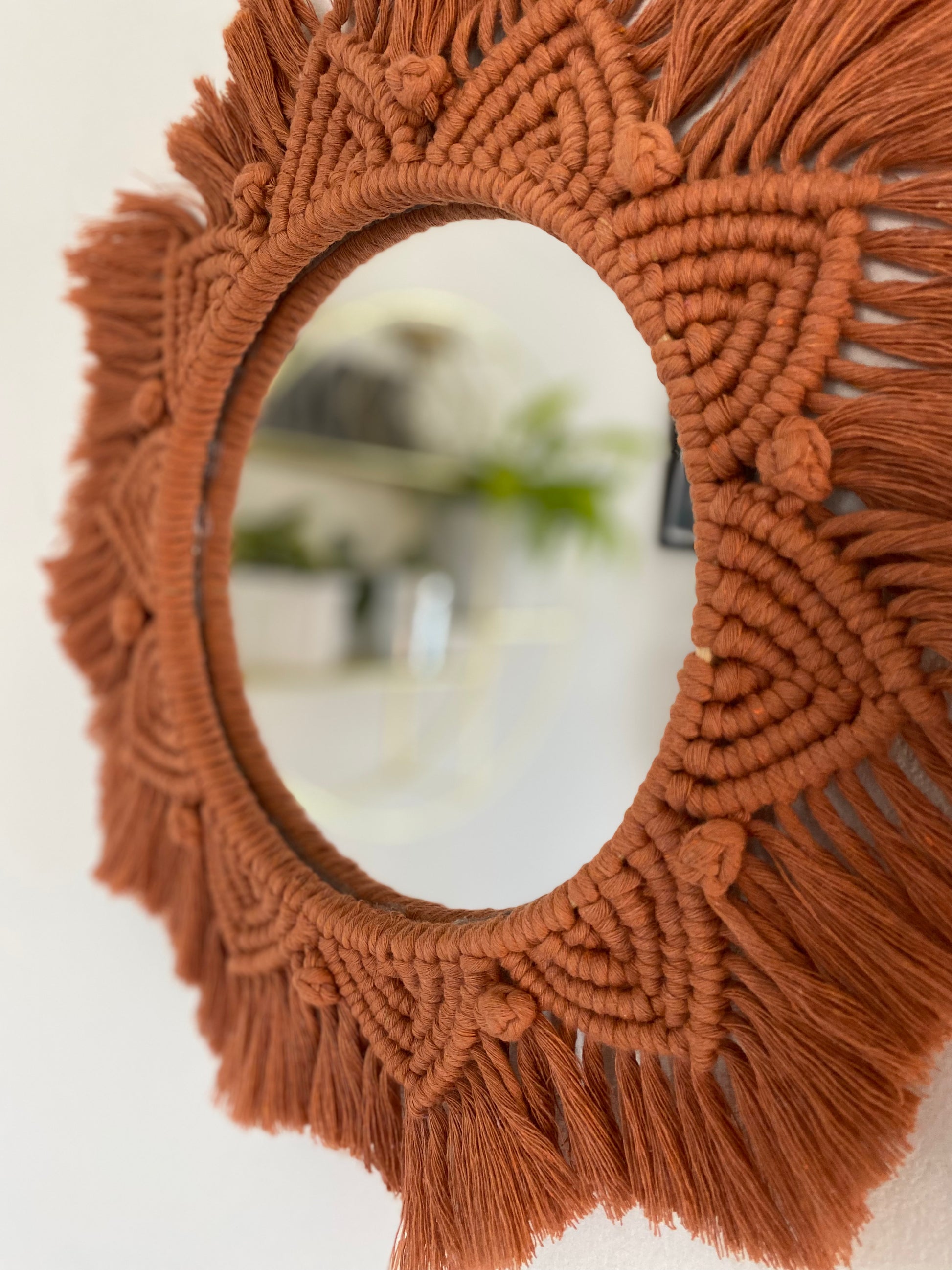 Macrame Mandala Wall Hanging Mirror made with recycled cotton in terracotta 